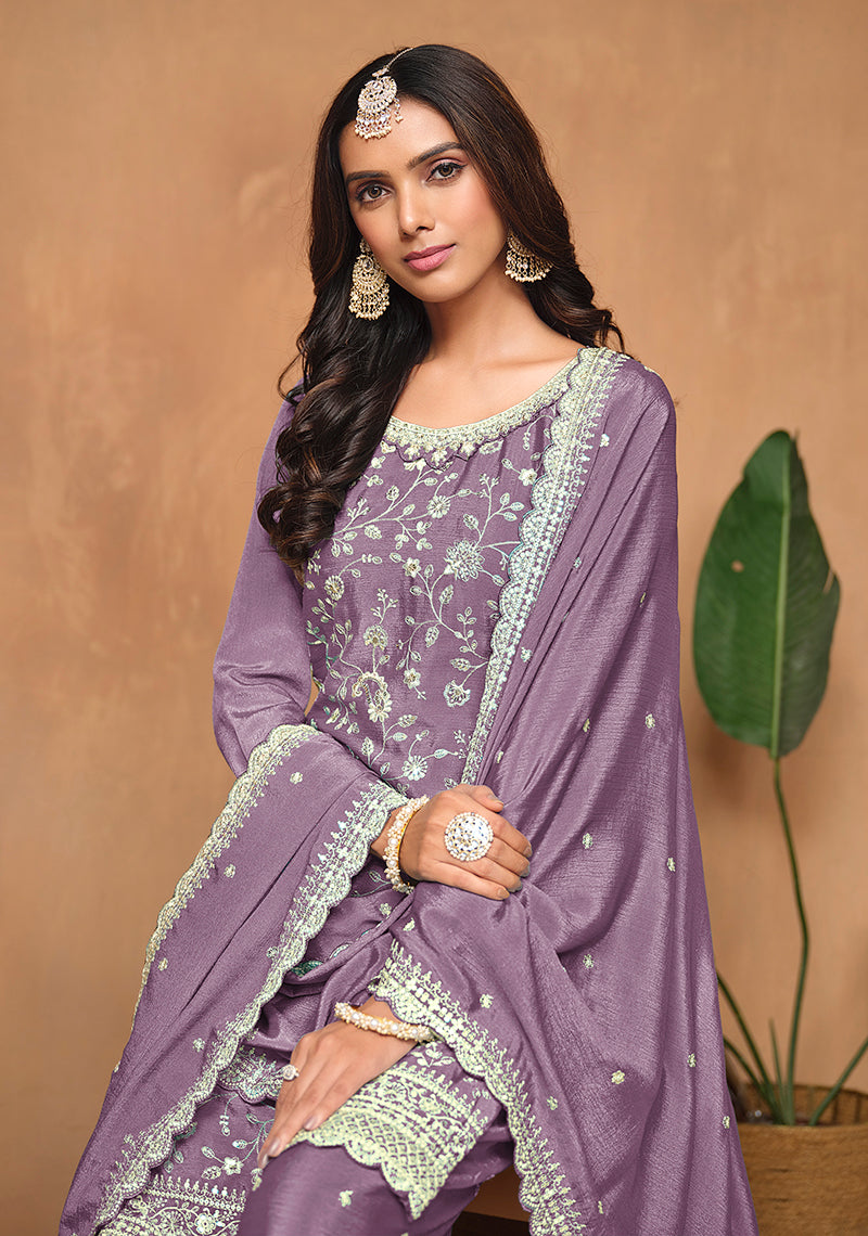 Monjolika Fashion Lavender Color Embroidered Santoon Chinnon Salwar Suit | Grocsy