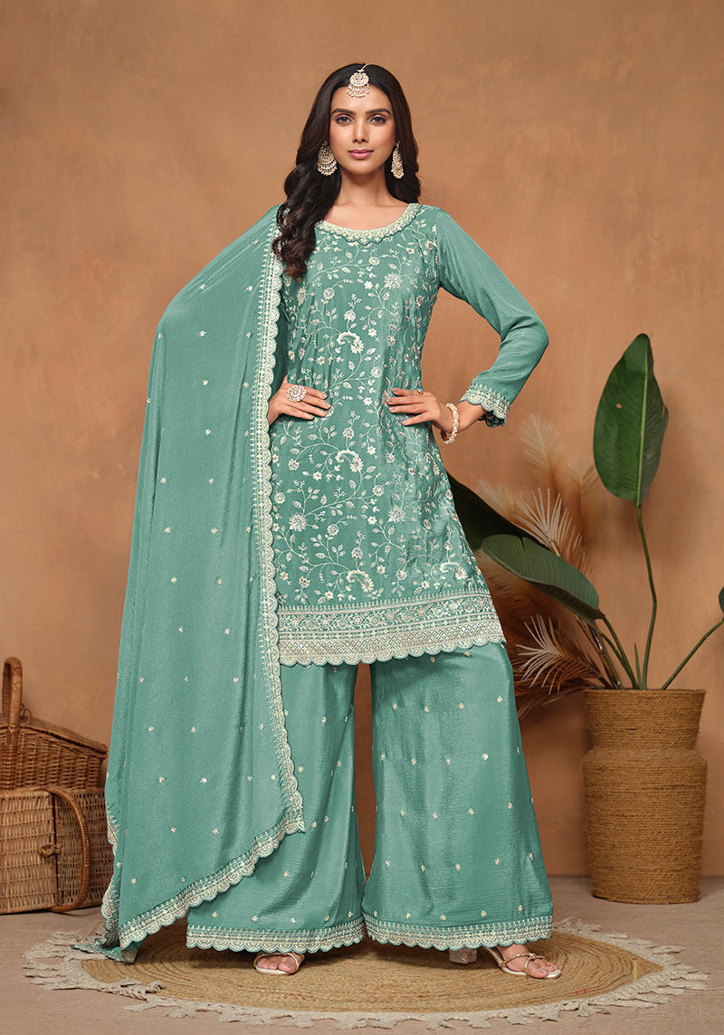 Monjolika Fashion Turquoise Color Embroidered Santoon Chinnon Salwar Suit | Grocsy