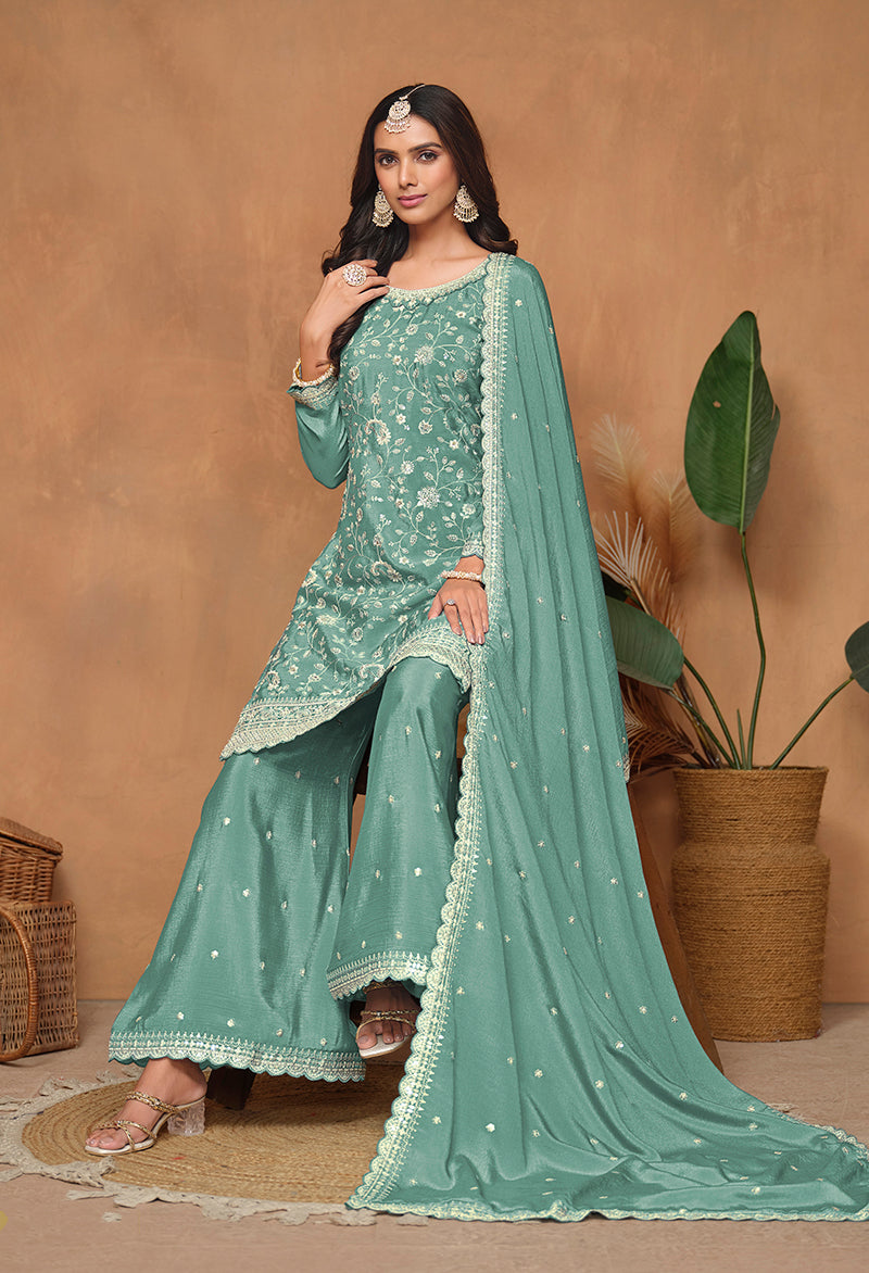 Monjolika Fashion Turquoise Color Embroidered Santoon Chinnon Salwar Suit | Grocsy
