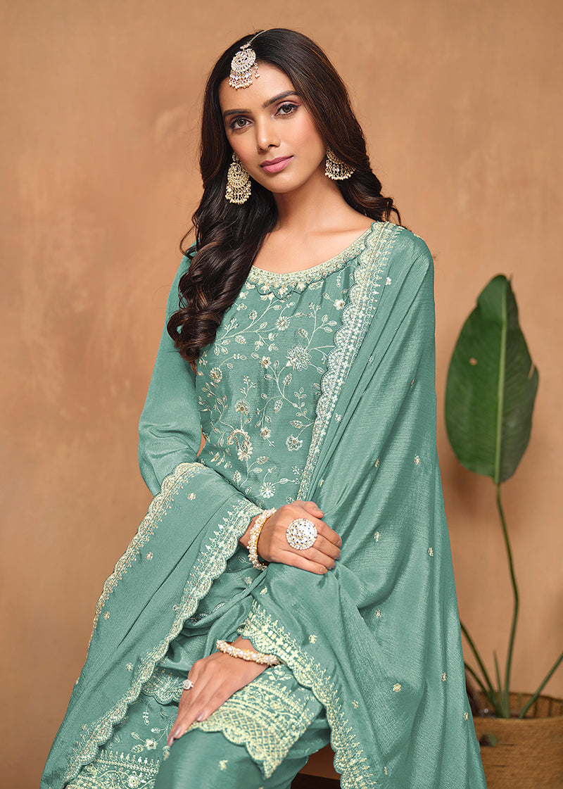 Monjolika Fashion Turquoise Color Embroidered Santoon Chinnon Salwar Suit | Grocsy