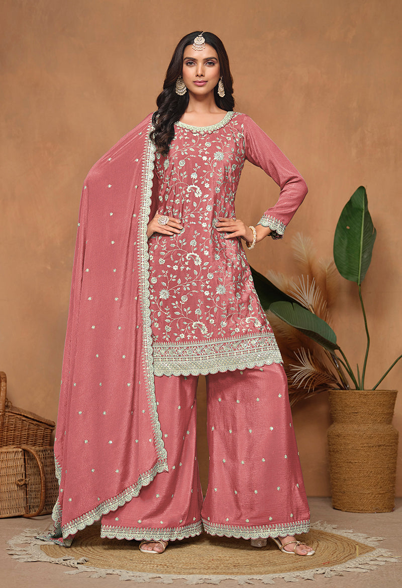 Monjolika Fashion Peach Color Embroidered Santoon Chinnon Salwar Suit | Grocsy