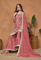 Monjolika Fashion Peach Color Embroidered Santoon Chinnon Salwar Suit | Grocsy