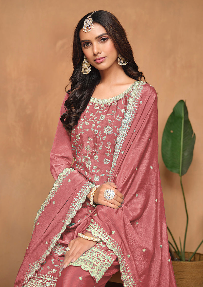 Monjolika Fashion Peach Color Embroidered Santoon Chinnon Salwar Suit | Grocsy