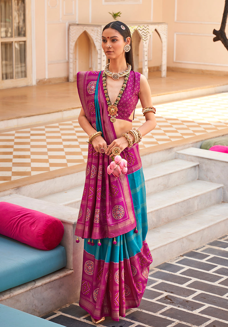 Monjolika Fashion Silk Foliage Prints Magenta Classic Patola Saree For Festival | Grocsy