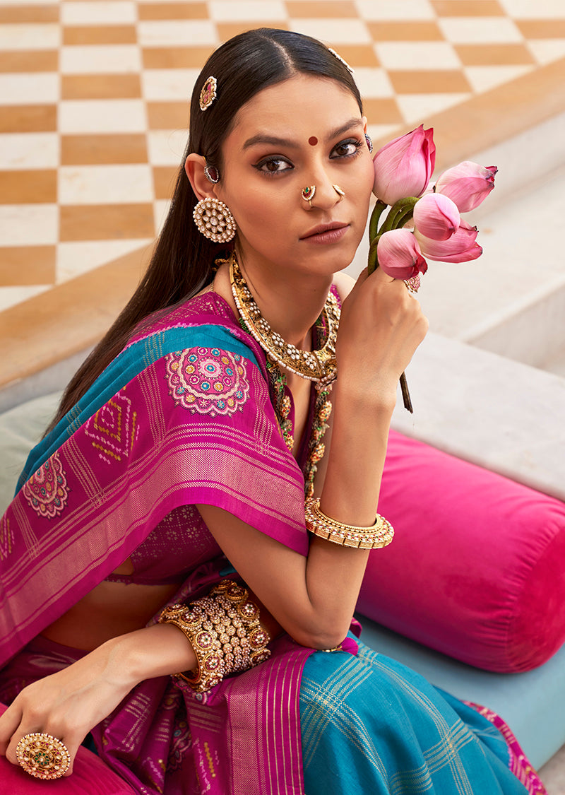 Monjolika Fashion Silk Foliage Prints Magenta Classic Patola Saree For Festival | Grocsy