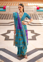 Monjolika Fashion Aqua Blue Silk Foil Print Patola Contemporary Saree | Grocsy