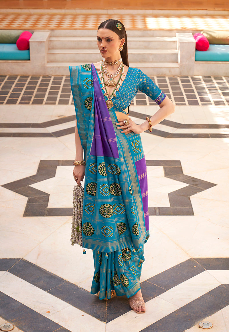 Monjolika Fashion Aqua Blue Silk Foil Print Patola Contemporary Saree | Grocsy