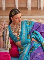 Monjolika Fashion Aqua Blue Silk Foil Print Patola Contemporary Saree | Grocsy