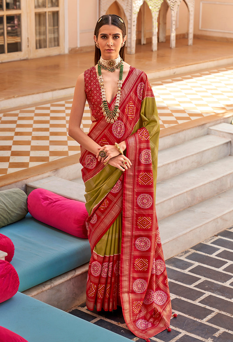 Monjolika Fashion Silk Olive Foil Print Patola Designer Saree | Grocsy