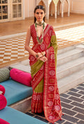 Monjolika Fashion Silk Olive Foil Print Patola Designer Saree | Grocsy
