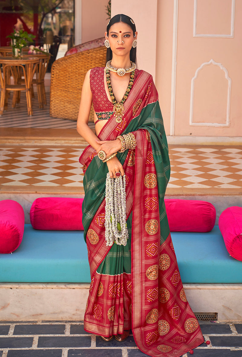 Monjolika Fashion Silk Dark Green Foil Print Patola Traditional Saree | Grocsy