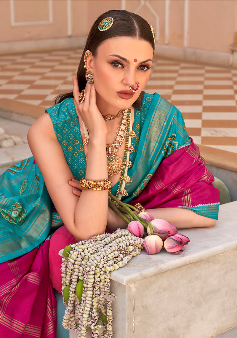 Monjolika Fashion Silk Foliage Prints Rani Pink Patola Trendy Saree | Grocsy