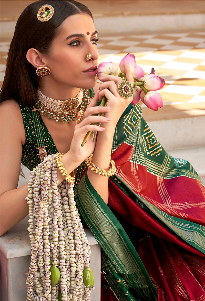 Monjolika Fashion Silk Dark Green Patola Foil Print Classic Saree | Grocsy