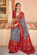 Monjolika Fashion Patola Foil Print Silk Grey Contemporary Saree | Grocsy