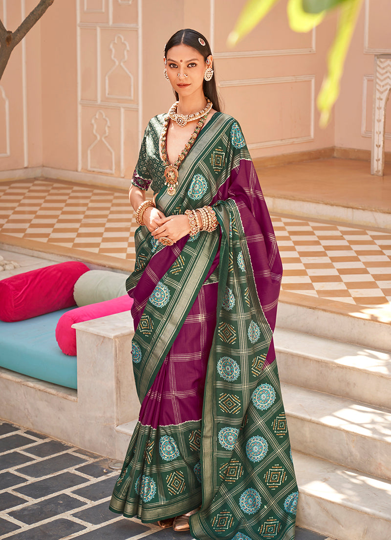 Monjolika Fashion Silk Foliage Prints Burgundy Patola Trendy Saree | Grocsy