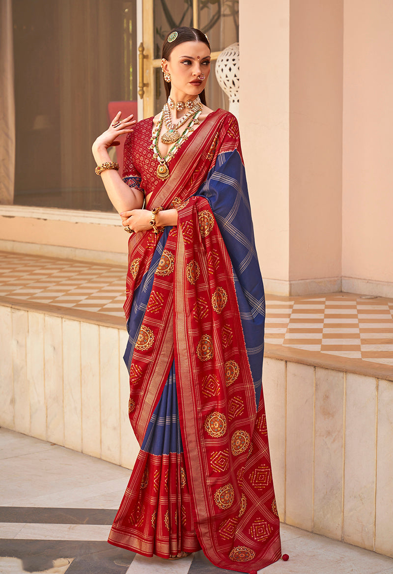 Monjolika Fashion Navy Blue Patola Foliage Prints Silk Designer Saree | Grocsy