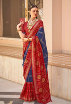 Monjolika Fashion Navy Blue Patola Foliage Prints Silk Designer Saree | Grocsy