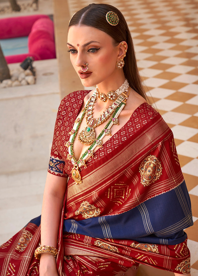 Monjolika Fashion Navy Blue Patola Foliage Prints Silk Designer Saree | Grocsy