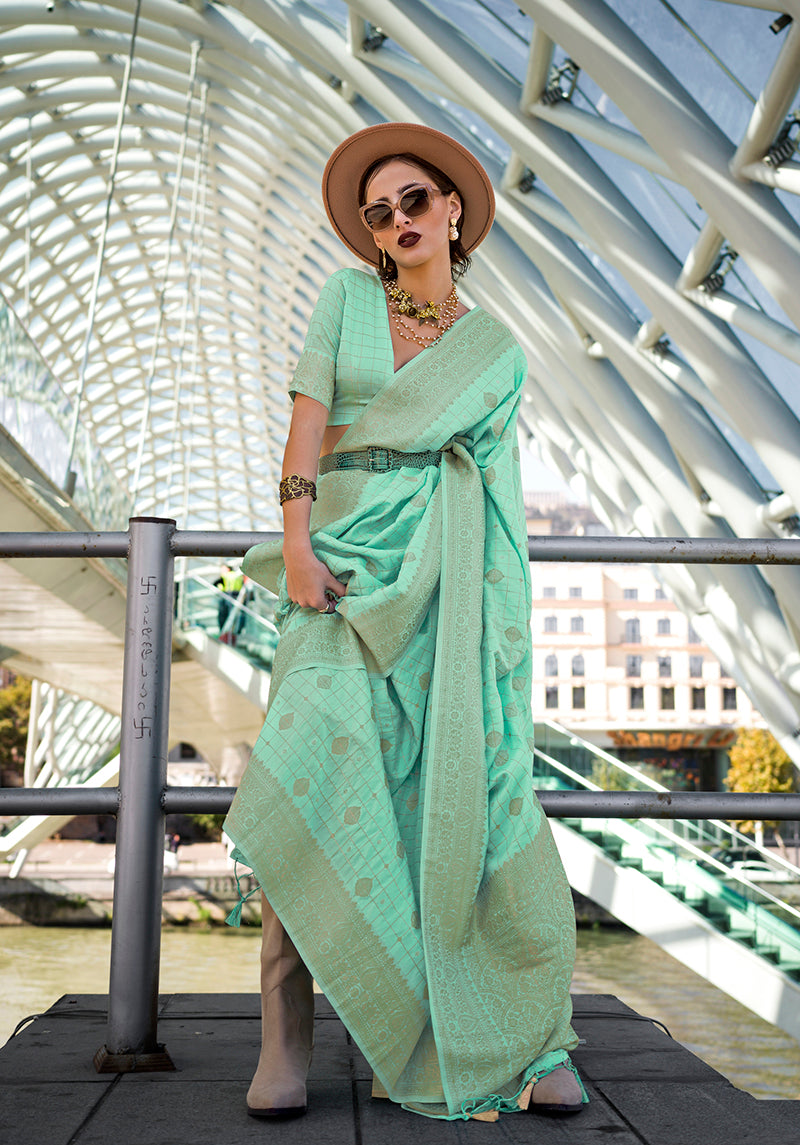 Monjolika Fashion Katan Silk Weaving Zari Work Light Cyan Traditional Saree | Grocsy