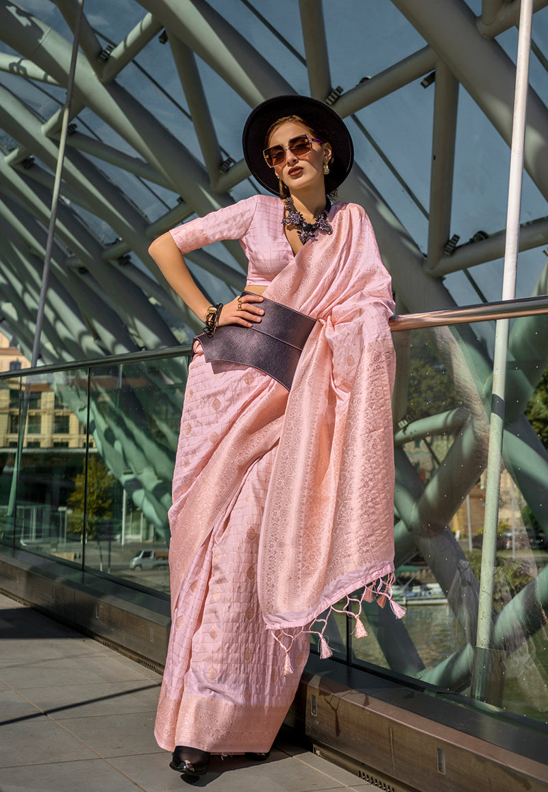 Monjolika Fashion Katan Silk Weaving Zari Work Light Pink Classic Saree | Grocsy