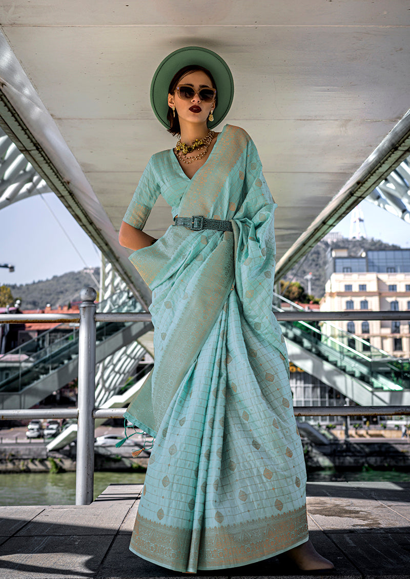 Monjolika Fashion Katan Silk Aqua Blue Weaving Zari Work Trendy Saree | Grocsy