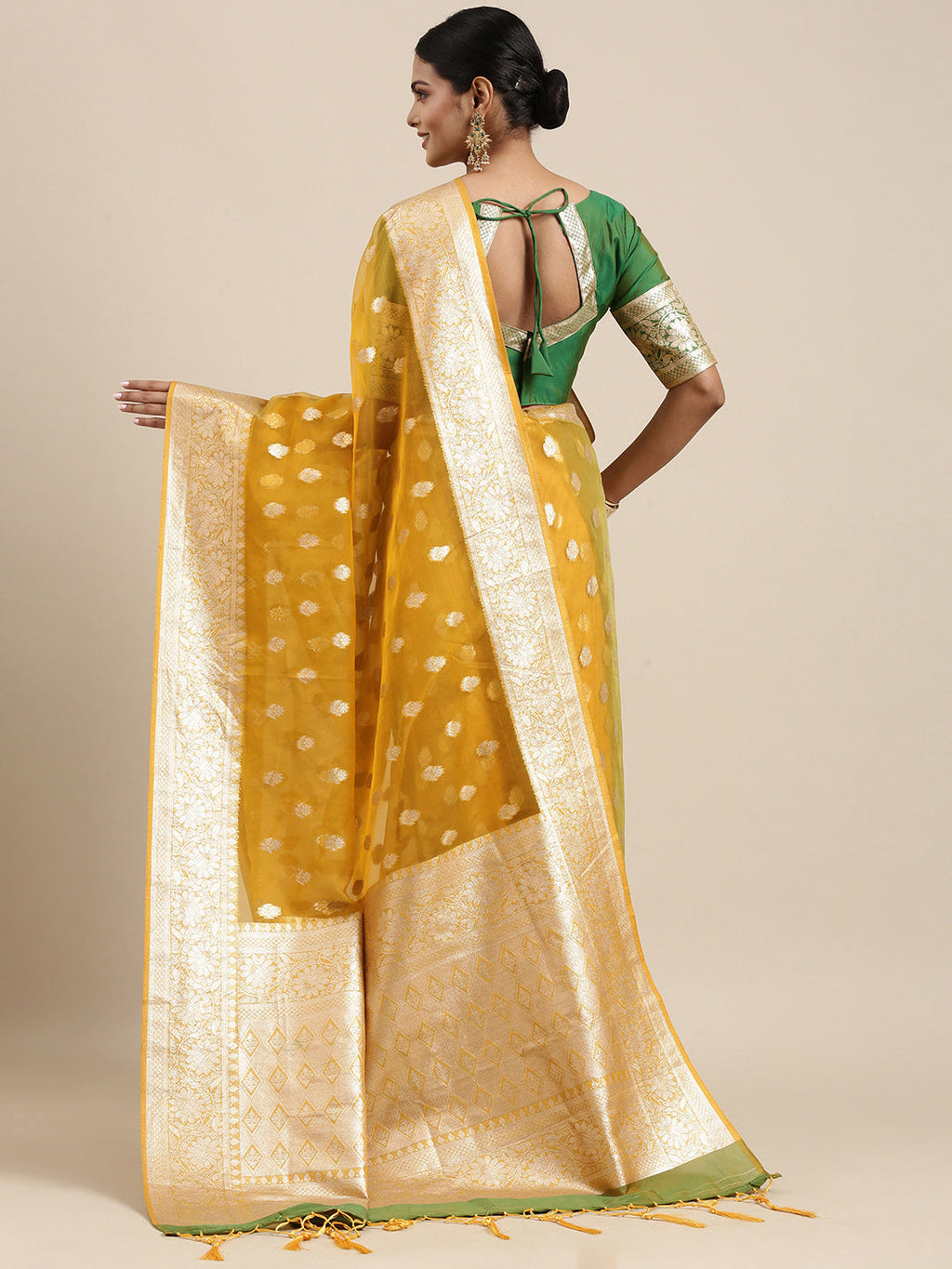 Saree Mall Mustard Ethnic Motifs Zari Organza Banarasi Saree | Grocsy