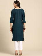 Sangria Teal Blue & Golden Embroidered Regular Kurta | Grocsy