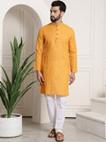 Sojanya Men Mustard Yellow Dobby Self-Checked Straight Kurta | Grocsy