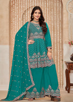 Monjolika Fashion Turquoise Color Embroidered Santoon Chinnon Salwar Suit | Grocsy
