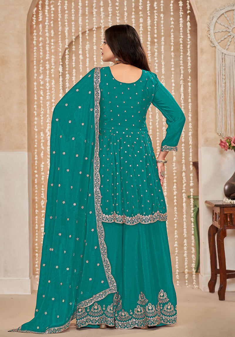 Monjolika Fashion Turquoise Color Embroidered Santoon Chinnon Salwar Suit | Grocsy