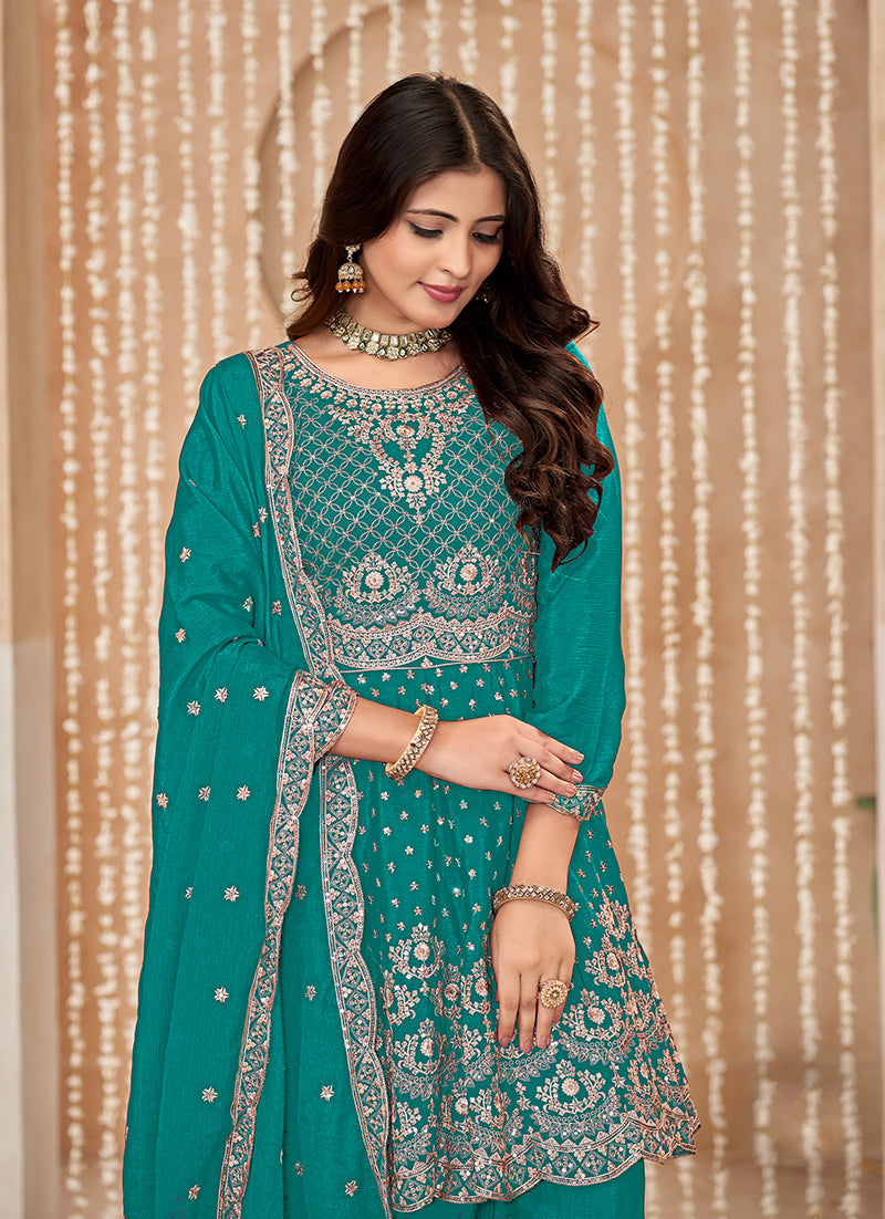 Monjolika Fashion Turquoise Color Embroidered Santoon Chinnon Salwar Suit | Grocsy
