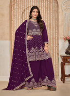 Monjolika Fashion Wine Color Embroidered Santoon Chinnon Salwar Suit | Grocsy