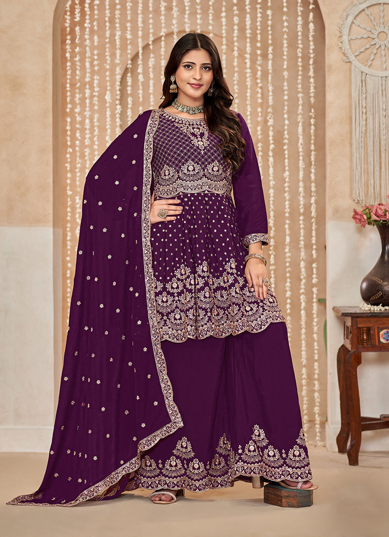 Monjolika Fashion Wine Color Embroidered Santoon Chinnon Salwar Suit | Grocsy