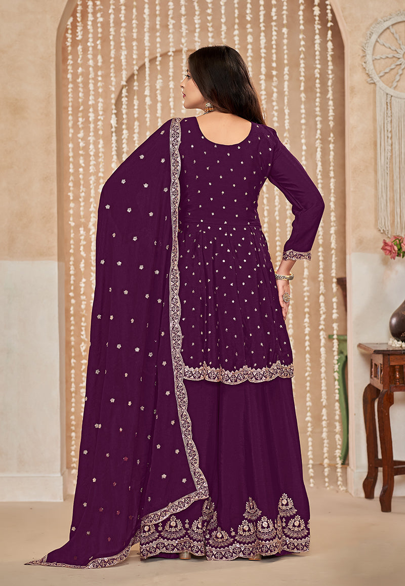 Monjolika Fashion Wine Color Embroidered Santoon Chinnon Salwar Suit | Grocsy