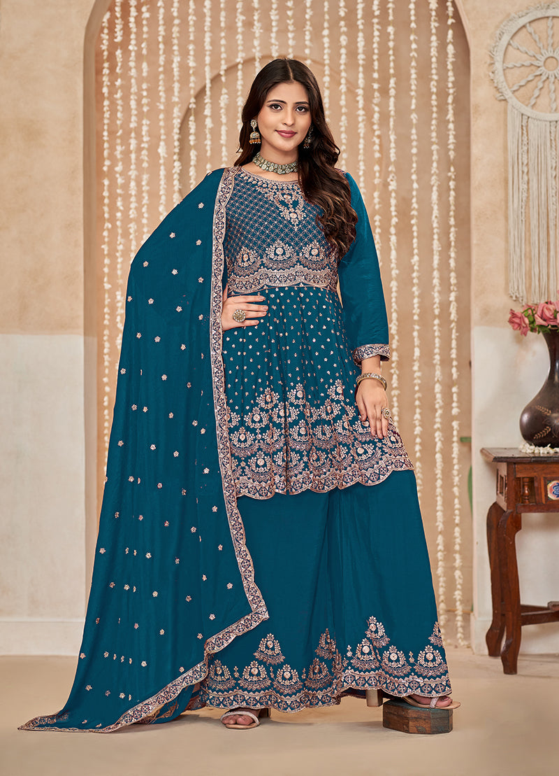 Monjolika Fashion Teal-Blue Color Embroidered Santoon Chinnon Salwar Suit | Grocsy
