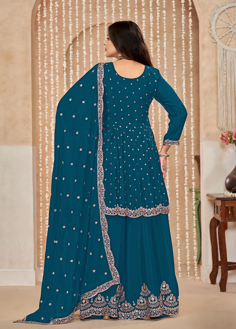 Monjolika Fashion Teal-Blue Color Embroidered Santoon Chinnon Salwar Suit | Grocsy