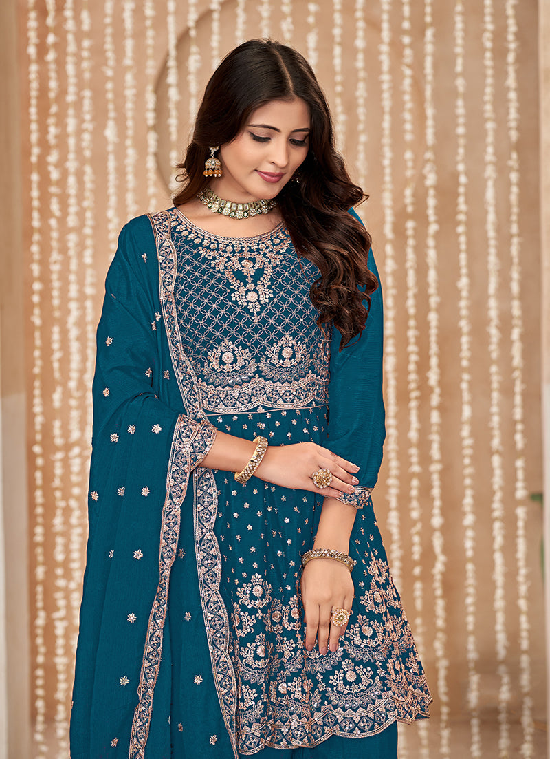 Monjolika Fashion Teal-Blue Color Embroidered Santoon Chinnon Salwar Suit | Grocsy