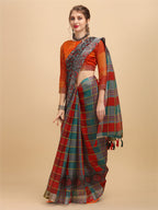 Sangria Grey & Red Beads and Stones Pure Linen Saree | Grocsy