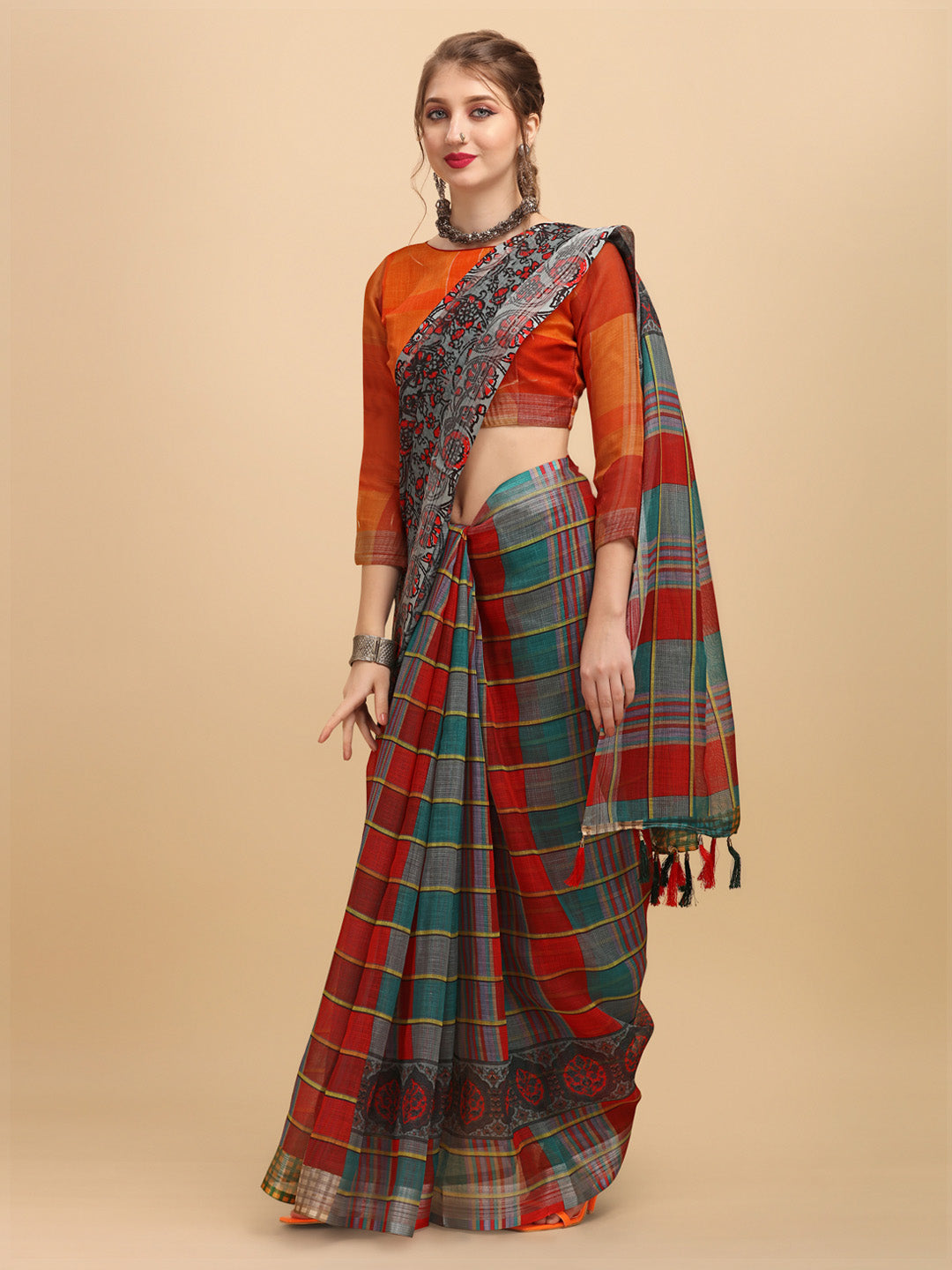 Sangria Grey & Red Beads and Stones Pure Linen Saree | Grocsy