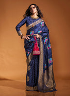 Monjolika Fashion Handloom Silk Navy Blue Weaving Zari Classic Saree | Grocsy