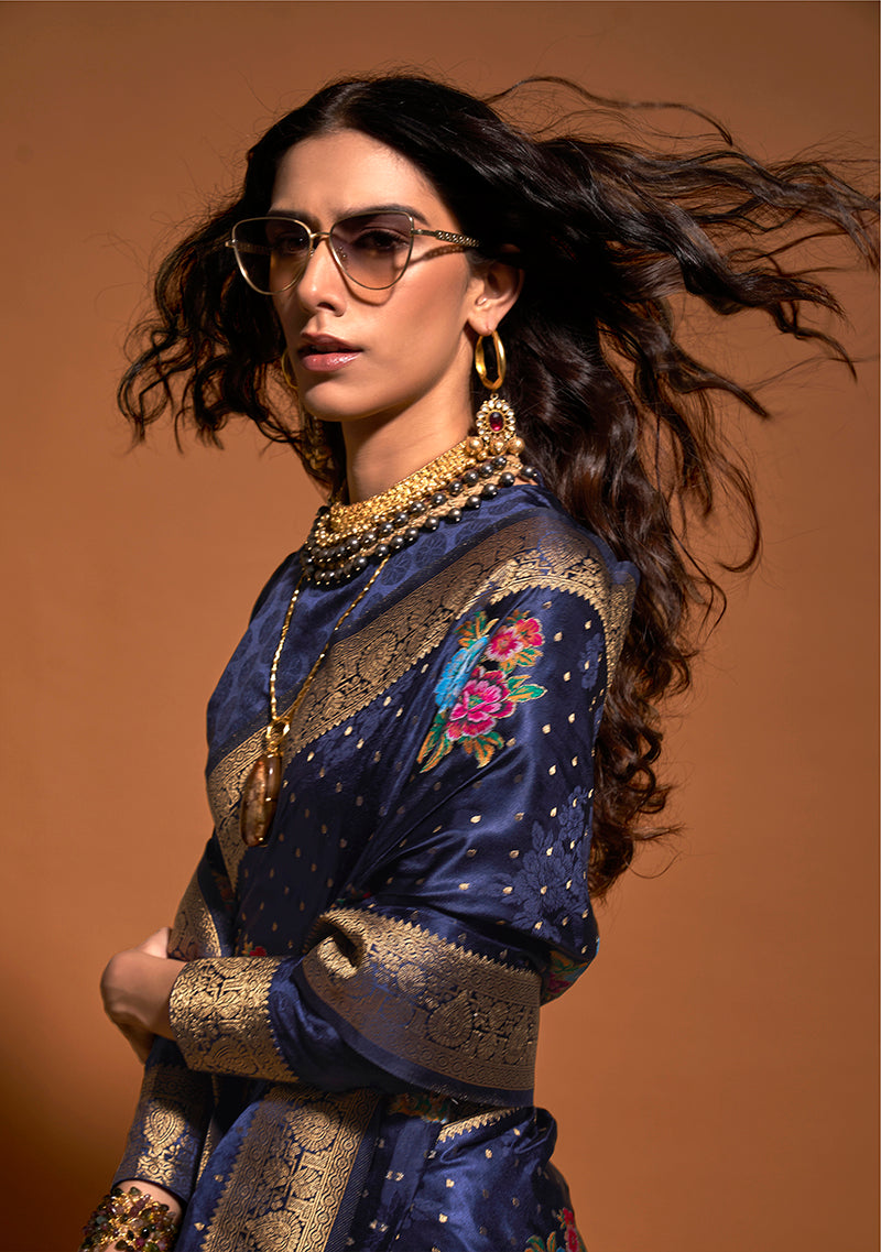 Monjolika Fashion Handloom Silk Navy Blue Weaving Zari Classic Saree | Grocsy