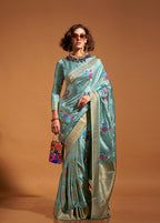 Monjolika Fashion Handloom Silk Aqua Blue Contemporary Saree For Ceremonial | Grocsy