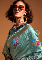 Monjolika Fashion Handloom Silk Aqua Blue Contemporary Saree For Ceremonial | Grocsy