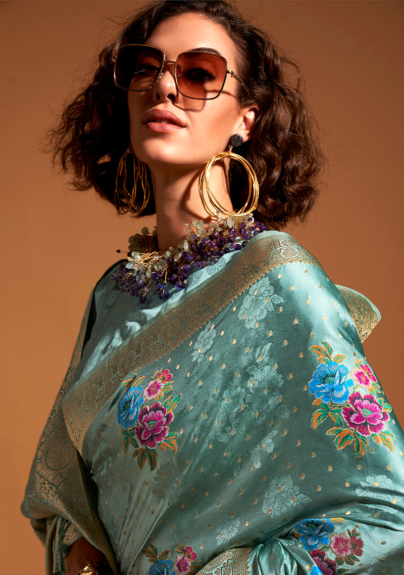 Monjolika Fashion Handloom Silk Aqua Blue Contemporary Saree For Ceremonial | Grocsy