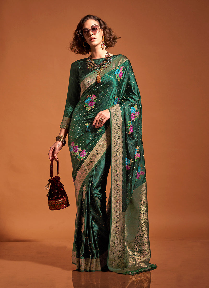 Monjolika Fashion Dark Green Handloom Silk Traditional Saree | Grocsy
