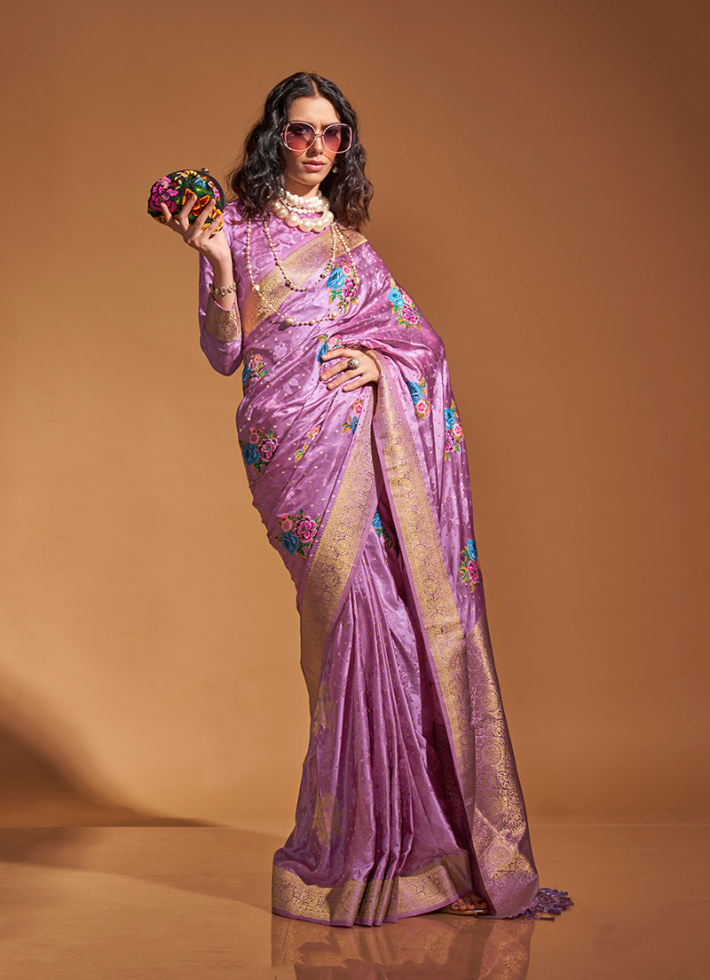 Monjolika Fashion Handloom Silk Weaving Trendy Saree In Lavender | Grocsy