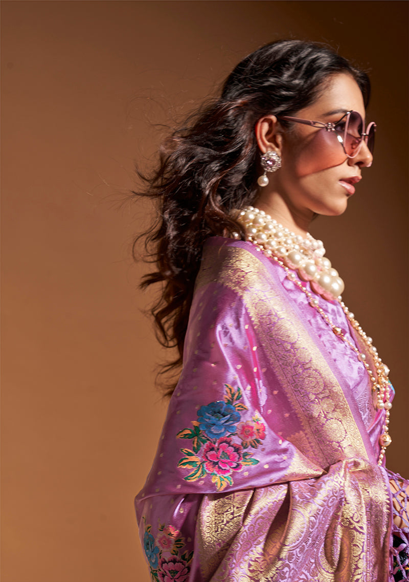 Monjolika Fashion Handloom Silk Weaving Trendy Saree In Lavender | Grocsy
