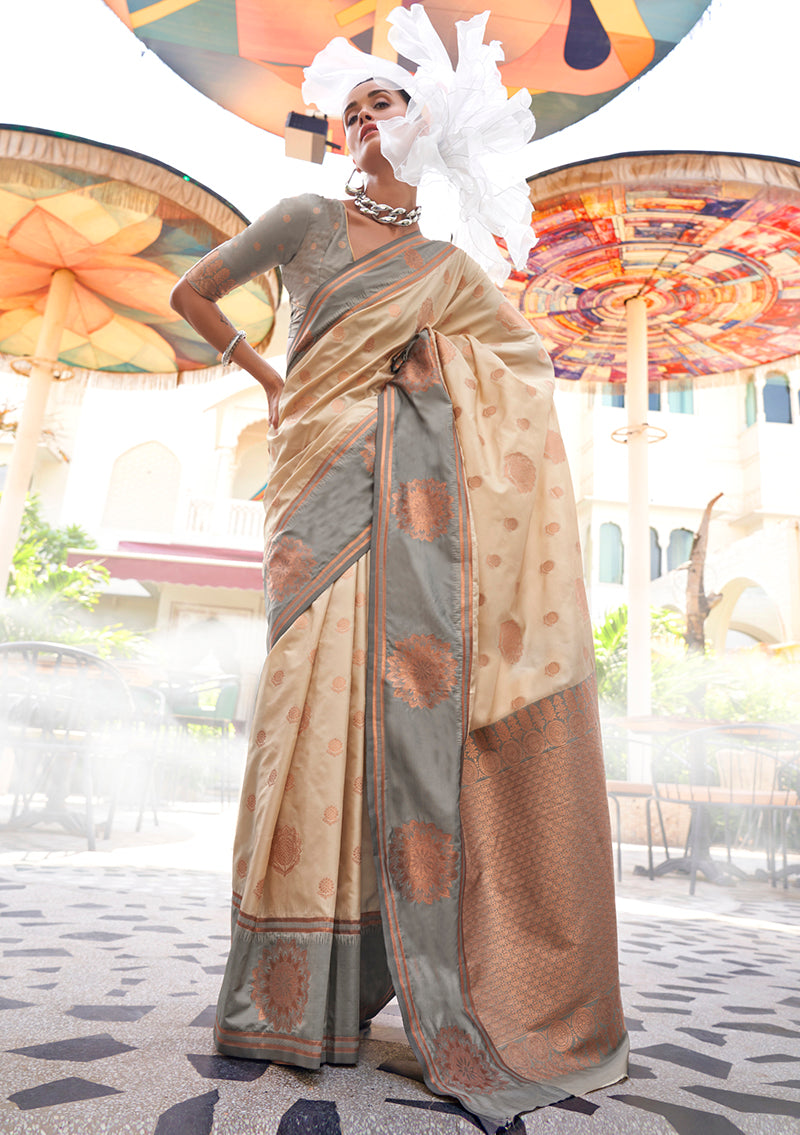 Monjolika Fashion Katan Silk Weaving Zari Designer Saree In Cream | Grocsy