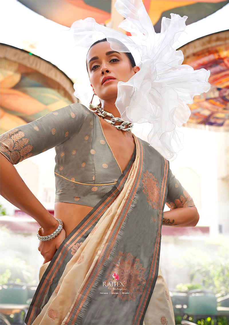 Monjolika Fashion Katan Silk Weaving Zari Designer Saree In Cream | Grocsy