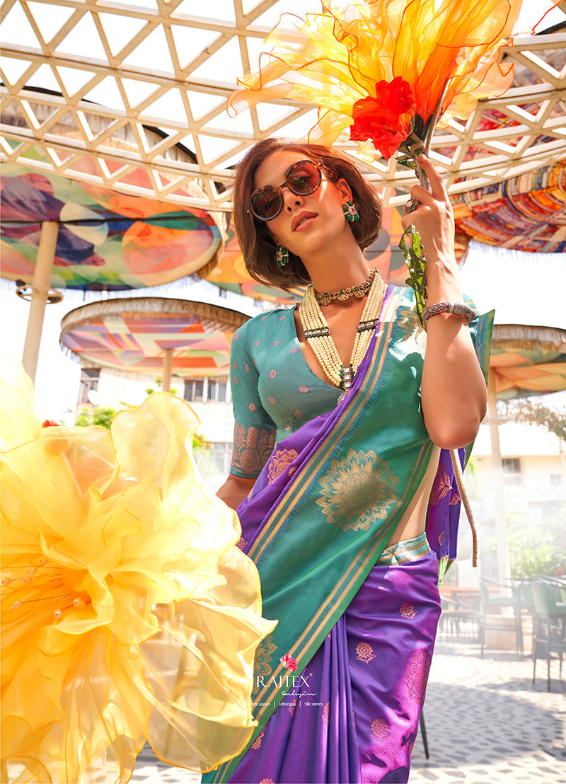 Monjolika Fashion Katan Silk Weaving Violet Trendy Saree | Grocsy